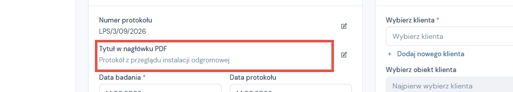 Pole Tytuł w nagłówku PDF w kreatorze protokołu