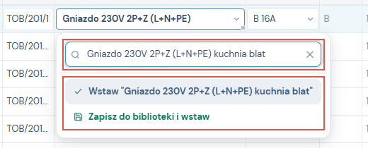 Lista nazwy obwodu: wybrana pozycja w polu wyszukiwania z dopisanym tekstem oraz przyciski Wstaw i Zapisz do biblioteki i wstaw