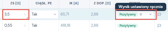 Wynik ustawiony ręcznie: ikona ołówka przy plakietce Pozytywny, choć Zs 3,5 Ω przekracza wartość dopuszczalną 2,88 Ω