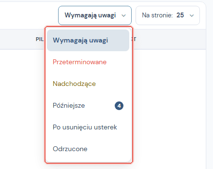 Rozwinięta lista sześciu widoków terminarza z plakietką liczby pozycji