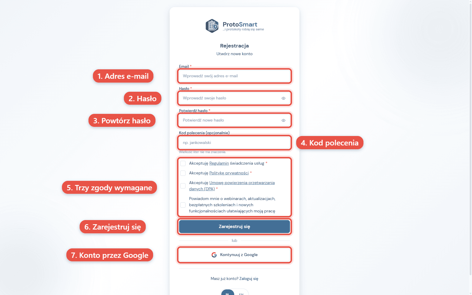 Ekran rejestracji: e-mail, haslo, kod polecenia, zgody i rejestracja przez Google