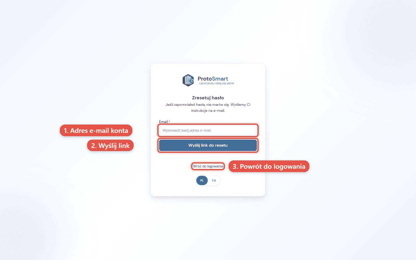Ekran resetu hasla z polem adresu e-mail