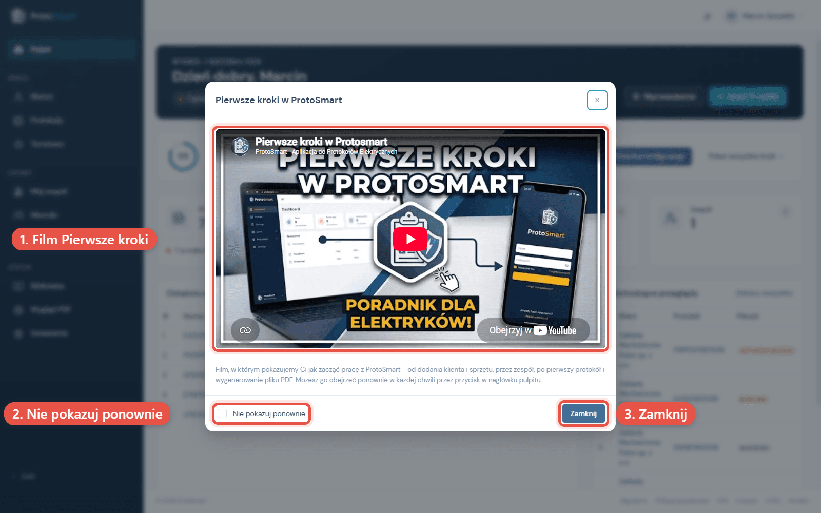 Okno Pierwsze kroki w ProtoSmart z filmem wprowadzajacym