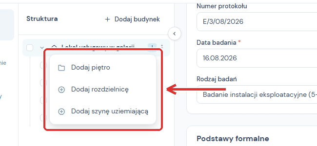 Rozwinięte menu plus przy węźle Dom jednorodzinny z trzema pozycjami: Dodaj piętro, Dodaj rozdzielnicę, Dodaj szynę uziemiającą.