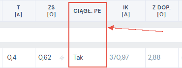 Arkusz Impedancja pętli zwarcia TN z zaznaczoną kolumną Ciągł. PE, wartość Tak w pierwszym wierszu.