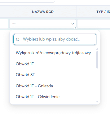 Rozwinięta lista wyboru nazwy RCD z biblioteki obwodów (Wyłącznik różnicowoprądowy trójfazowy, Obwód 1F, Obwód 3F, Obwód 1F - Gniazda, Obwód 1F - Oświetlenie)