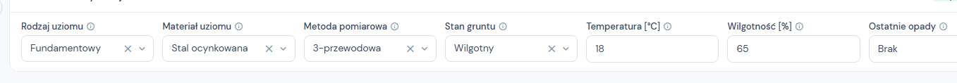 Parametry pomiaru nad tabelą w arkuszu Rezystancja uziemień, wszystkie pola wypełnione: Rodzaj uziomu Fundamentowy, Materiał Stal ocynkowana, Metoda 3-przewodowa, Stan gruntu Wilgotny, Temperatura 18, Wilgotność 65, Ostatnie opady Brak.