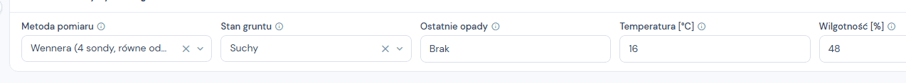 Parametry pomiaru nad tabelą w arkuszu Rezystywność gruntu, wypełnione: Metoda Wennera (4 sondy), Stan gruntu Suchy, Ostatnie opady Brak, Temperatura 16, Wilgotność 48.