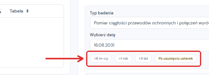 Przyciski skrótów dat w sekcji Następne badania
