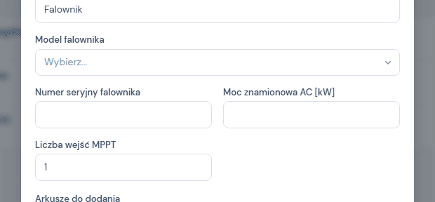 Modal Dodaj falownik z polami Model falownika, Numer seryjny falownika, Moc znamionowa AC i Liczba wejsc MPPT