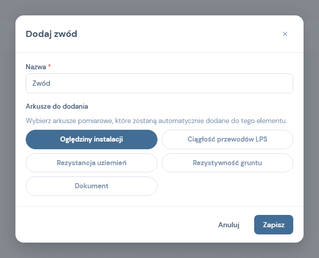 Modal Dodaj zwod z pieciu chipami arkuszy: Ogledziny instalacji, Ciaglosc przewodow LPS, Rezystancja uziemien, Rezystywnosc gruntu, Dokument