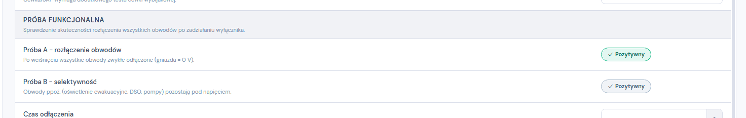 Zakladka Pomiary wylacznika z sekcja Proba funkcjonalna: Proba A rozlaczenie obwodow i Proba B selektywnosc