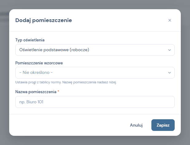 Modal Dodaj pomieszczenie z polem Pomieszczenie wzorcowe i podpowiedzia Ustawia progi z tablicy normy