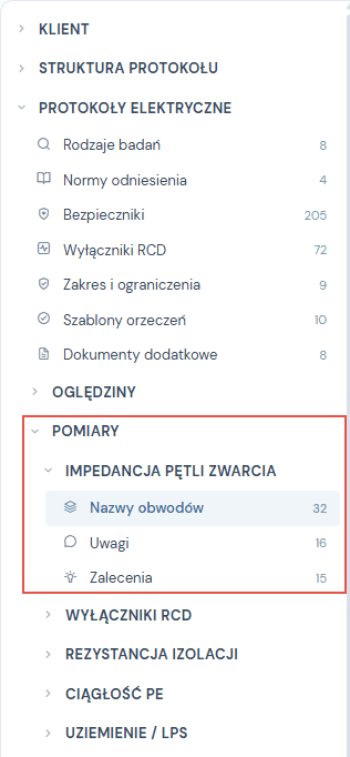Gałąź Protokoły elektryczne rozwinięta do Pomiary, Impedancja pętli zwarcia: Nazwy obwodów, Uwagi i Zalecenia