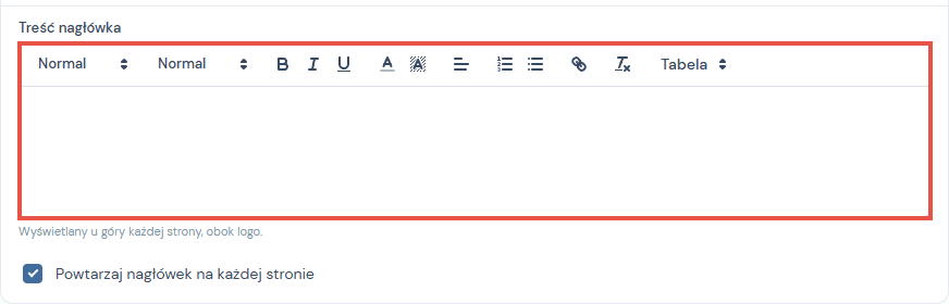 Puste pole Treść nagłówka w ustawieniach wyglądu PDF