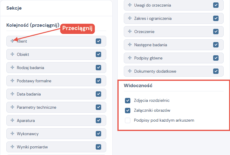 Karta Sekcje: kolejność sekcji do przeciągania z widocznością i sekcja Widoczność