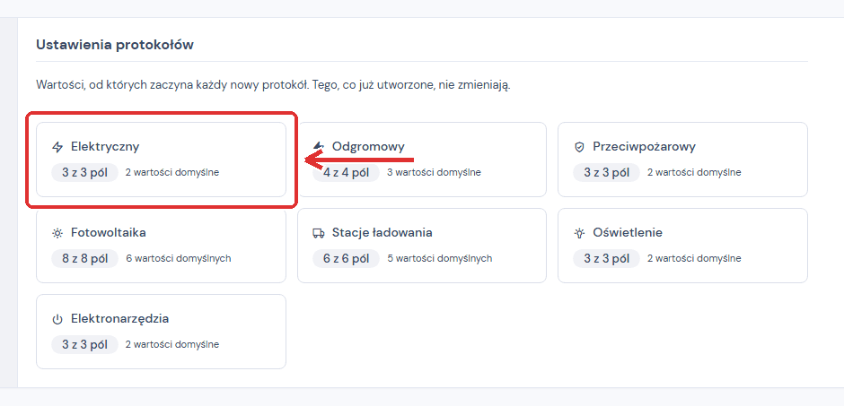 Widok ustawień protokołów z siedmioma kafelkami typów protokołu, wyróżniony kafelek Elektryczny