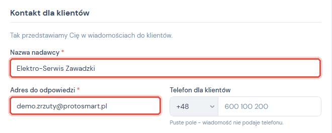 Sekcja Kontakt dla klientów w Moich danych: nazwa nadawcy i adres do odpowiedzi