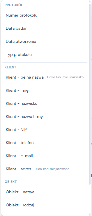 Lista Wstaw dane z protokołu w treści maila: grupy Protokół, Klient i Obiekt