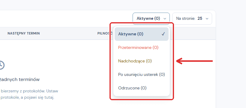 Terminarz przeglądów z rozwiniętym filtrem statusu obejmującym pięć opcji