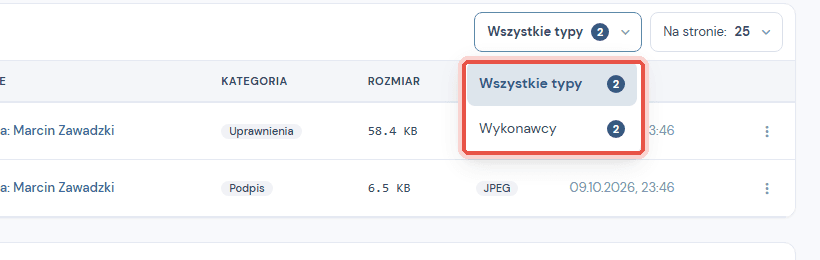 Widok Pliki z rozwiniętym filtrem powiązania i liczbą plików przy każdej opcji