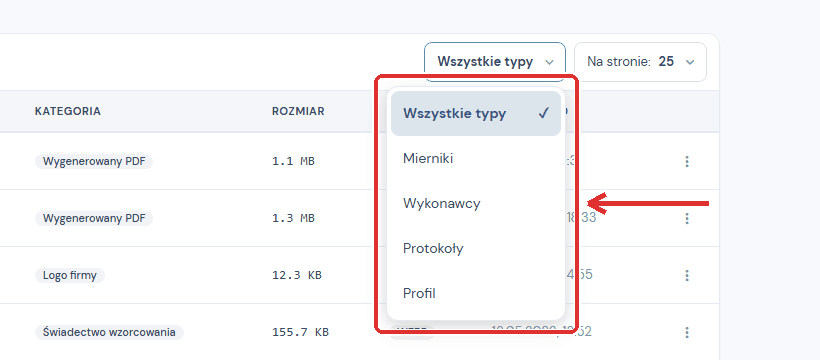 Widok Pliki z rozwiniętym filtrem typu powiązania obejmującym pięć opcji