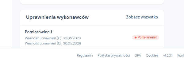 Pulpit z panelem uprawnień wykonawców pokazującym ważność uprawnień E i D pracownika