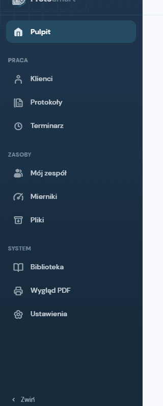 Lewe menu nawigacyjne aplikacji podzielone na sekcje Praca, Zasoby i System