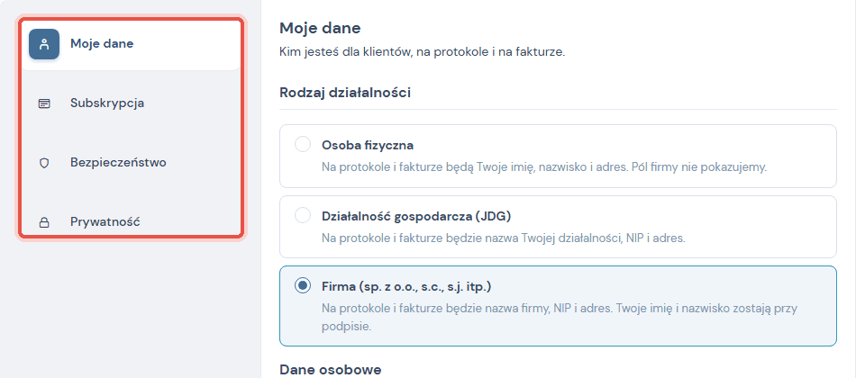 Profil z listą czterech zakładek: Moje dane, Subskrypcja, Bezpieczeństwo, Prywatność