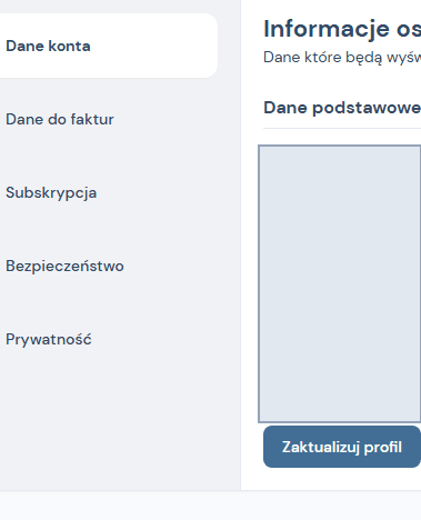 Widok Mój profil z listą pięciu sekcji ustawień konta po lewej stronie
