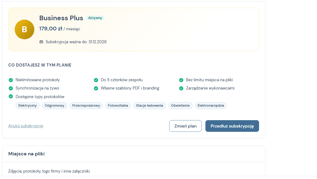 Karta aktualnego planu subskrypcji z nazwą, ceną miesięczną, datą ważności i przyciskami zarządzania subskrypcją