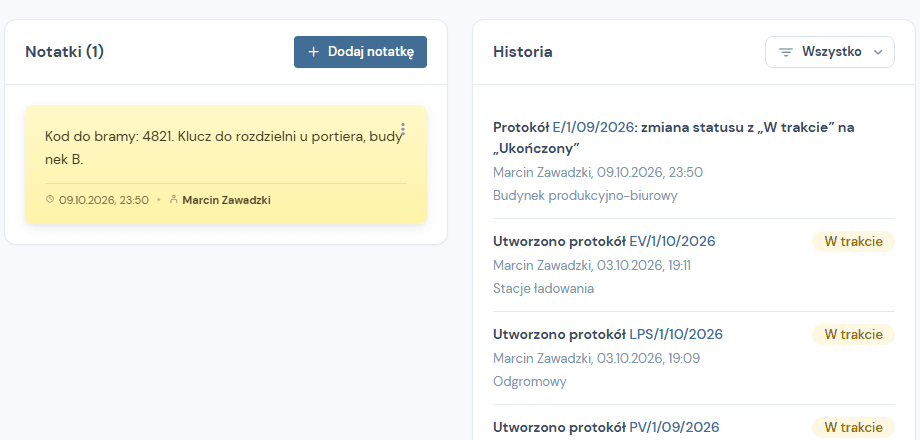 Karta klienta: sekcja Notatki i obok niej Historia z wpisami protokołów