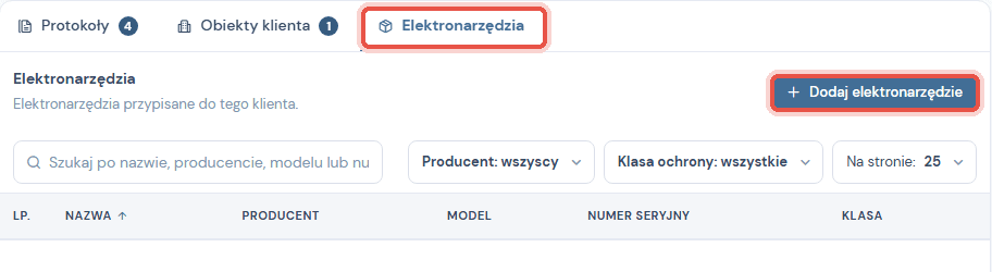 Zakładka Elektronarzędzia na karcie klienta z przyciskiem Dodaj elektronarzędzie