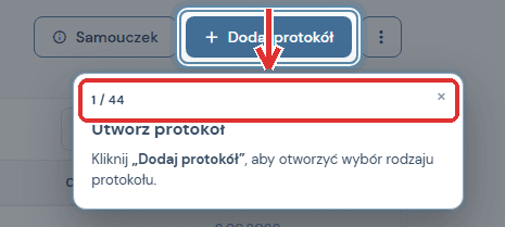 Pierwszy krok samouczka aplikacji z licznikiem postępu 1 z 44 i wskazówką dotyczącą tworzenia protokołu