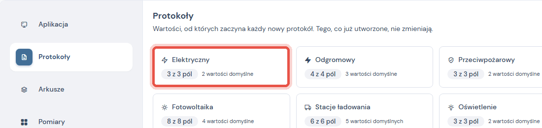 Karta Elektryczny w Ustawieniach, zakładka Protokoły