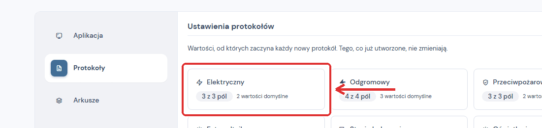Karta Elektryczny w Ustawieniach, zakładka Protokoły