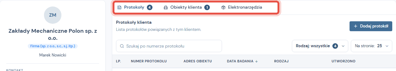 Karta klienta z zakładkami Protokoły, Obiekty klienta i Elektronarzędzia