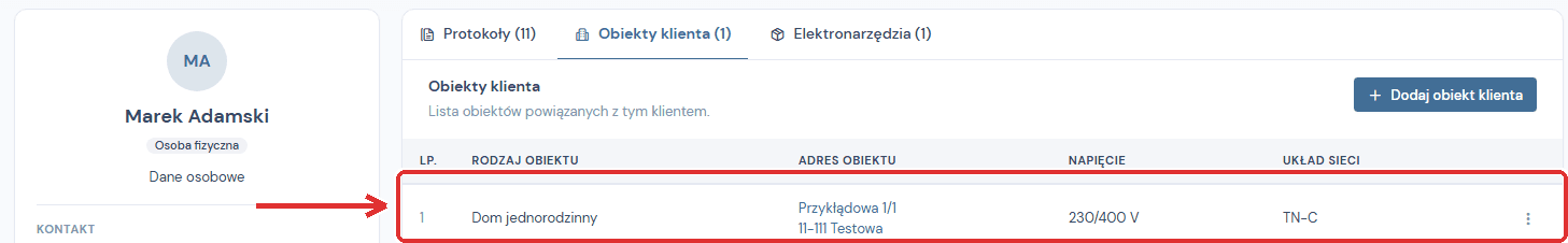 Karta klienta z zakladka Obiekty klienta i lista obiektow