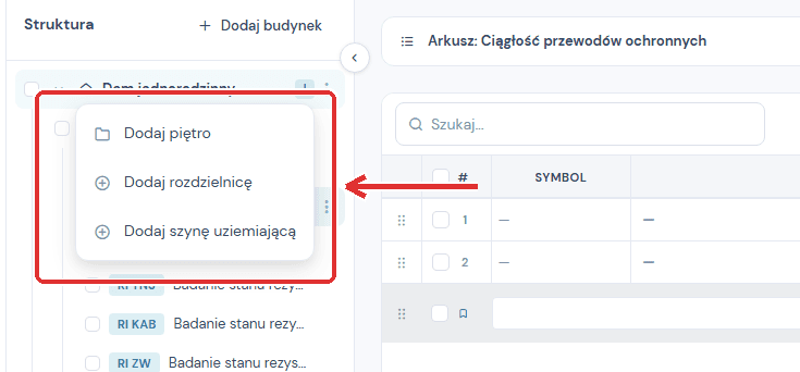 Drzewo struktury: Dodaj budynek, przycisk plus i menu wyboru elementu