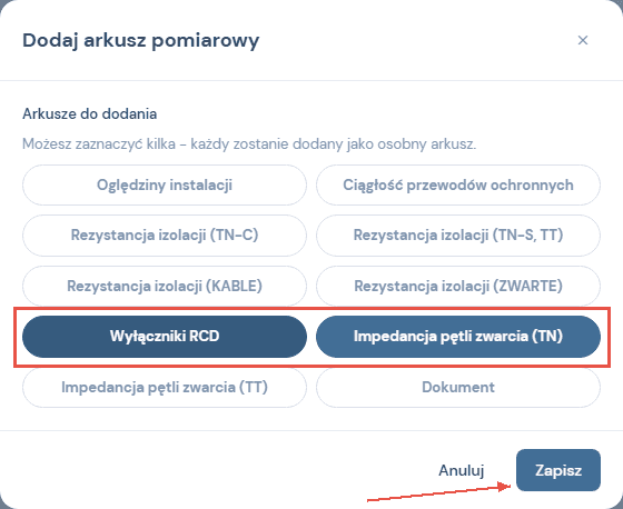 Okno Dodaj arkusz pomiarowy z listą arkuszy, zaznaczone Wyłączniki RCD i Impedancja pętli zwarcia (TN)