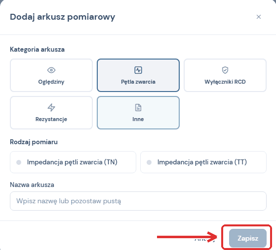 Okno Dodaj arkusz pomiarowy: kategoria, rodzaj pomiaru, nazwa i Zapisz