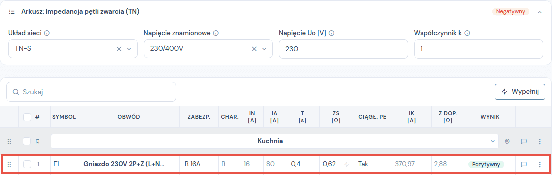 Tabela pomiarowa impedancji: warunki wspolne, kolumna Zs, Z dopuszczalne i Wynik