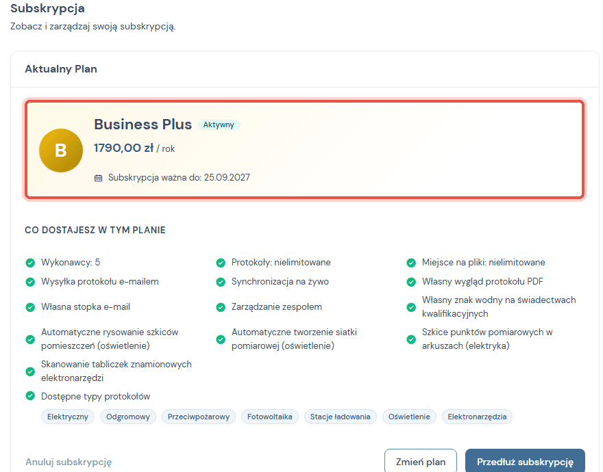 Profil, zakładka Subskrypcja: aktualny plan i lista Co dostajesz w tym planie