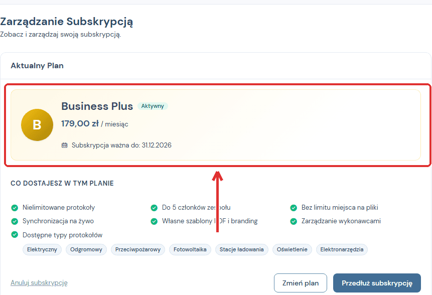 Zarzadzanie subskrypcja: plan, waznosc, zawartosc planu i przyciski