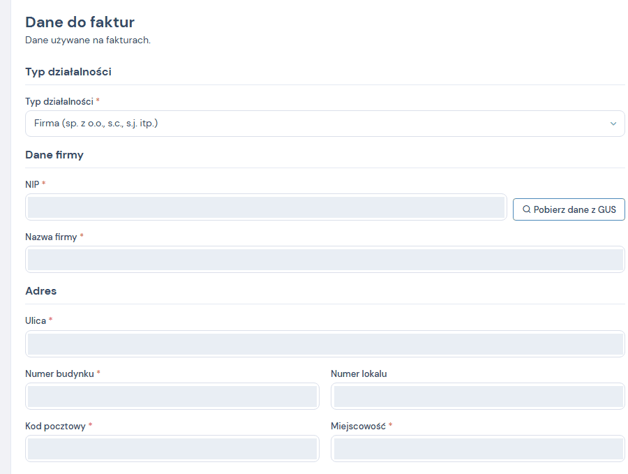 Sekcja Dane do faktur: nazwa firmy, NIP i adres.