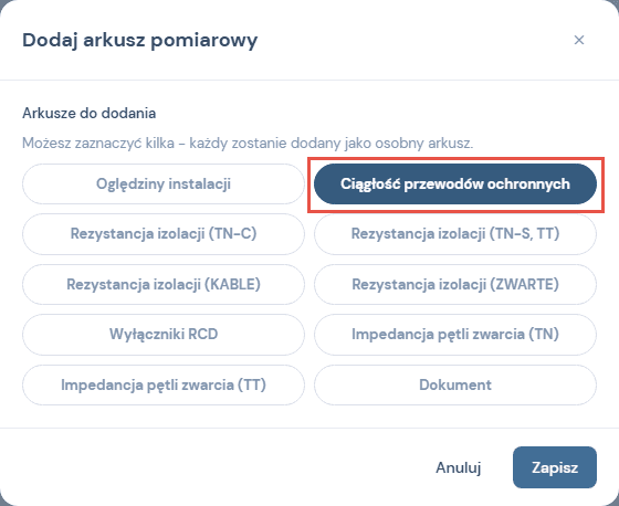 Okno Dodaj arkusz pomiarowy z zaznaczoną Ciągłością przewodów ochronnych