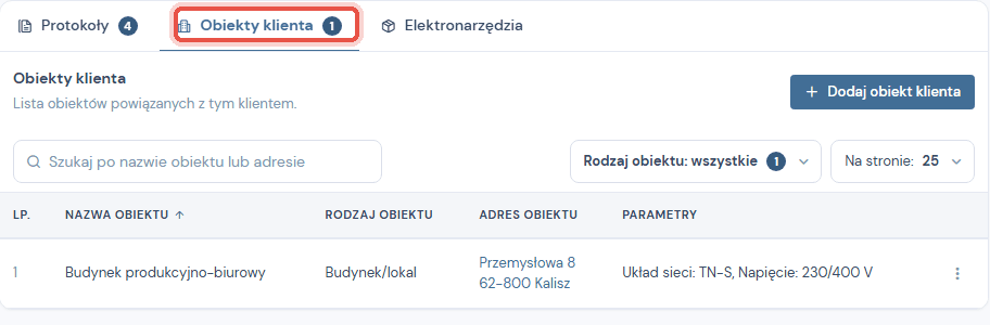 Karta klienta, zakładka Obiekty klienta z plakietką liczby obiektów