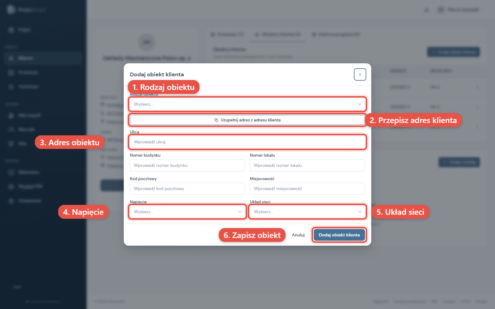 Formularz obiektu: rodzaj, adres, napiecie i uklad sieci