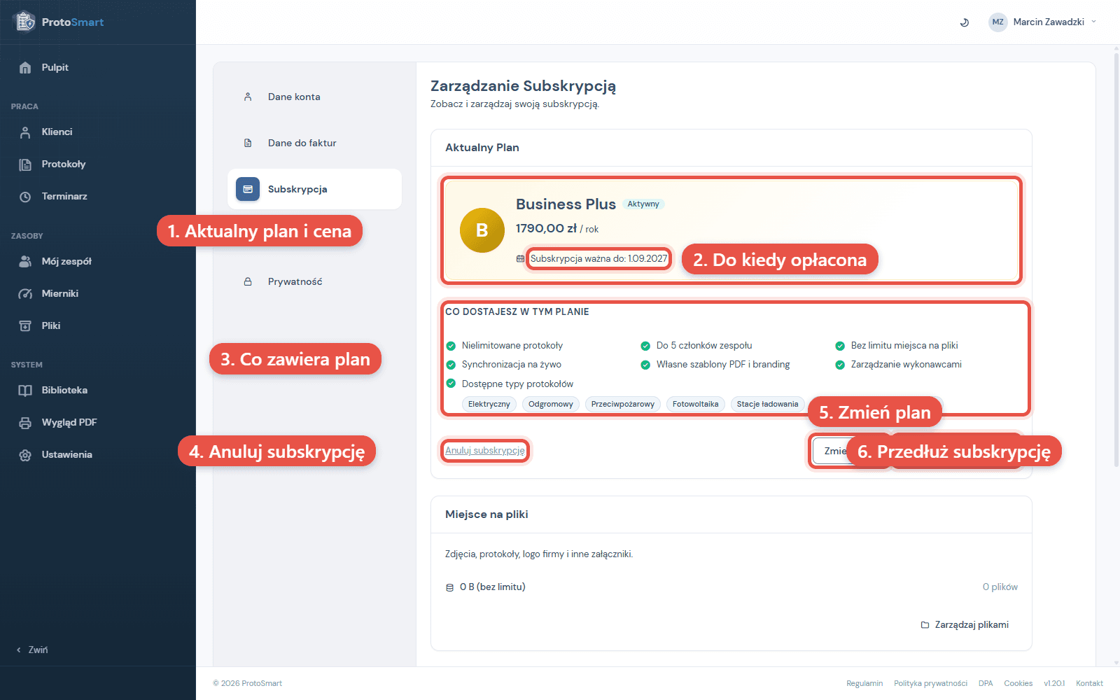 Zarzadzanie subskrypcja: plan, waznosc, zawartosc planu i przyciski