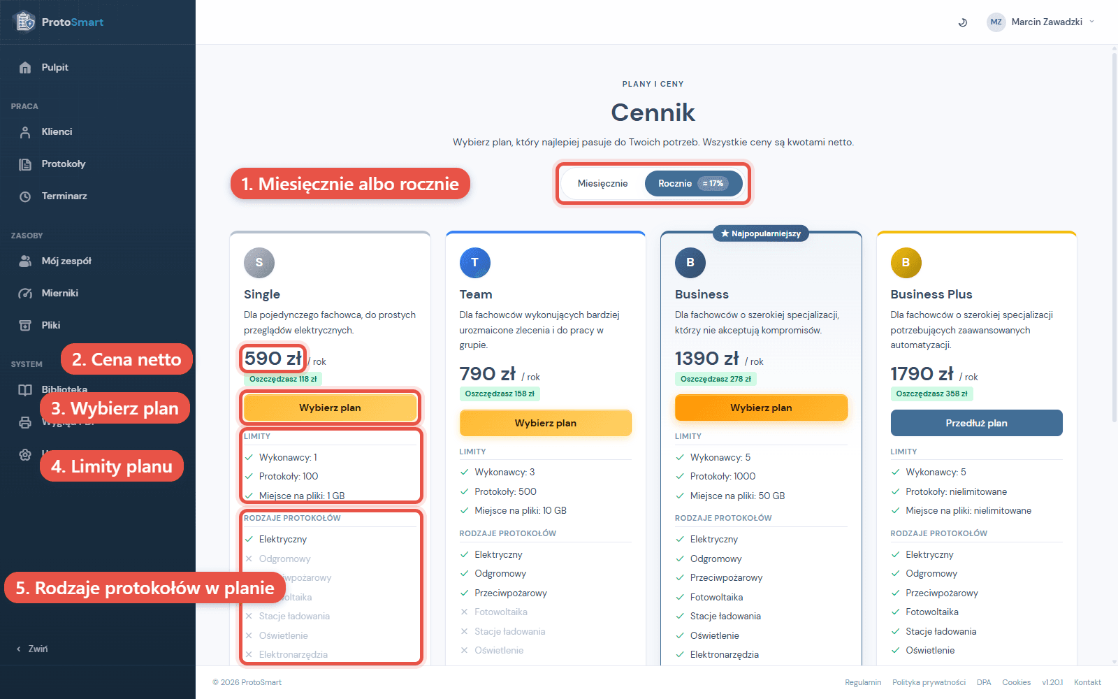 Cennik w aplikacji: przelacznik okresu, ceny, limity i rodzaje protokolow w planach